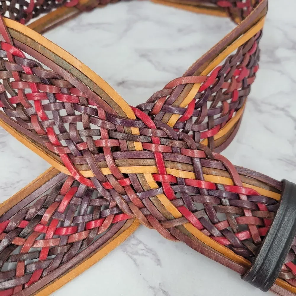 Vintage Braided Woven Wide Leather Belt Multicolor